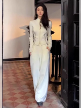 Weißes Zip-Up Set mit weitem Bein und Stehkragen