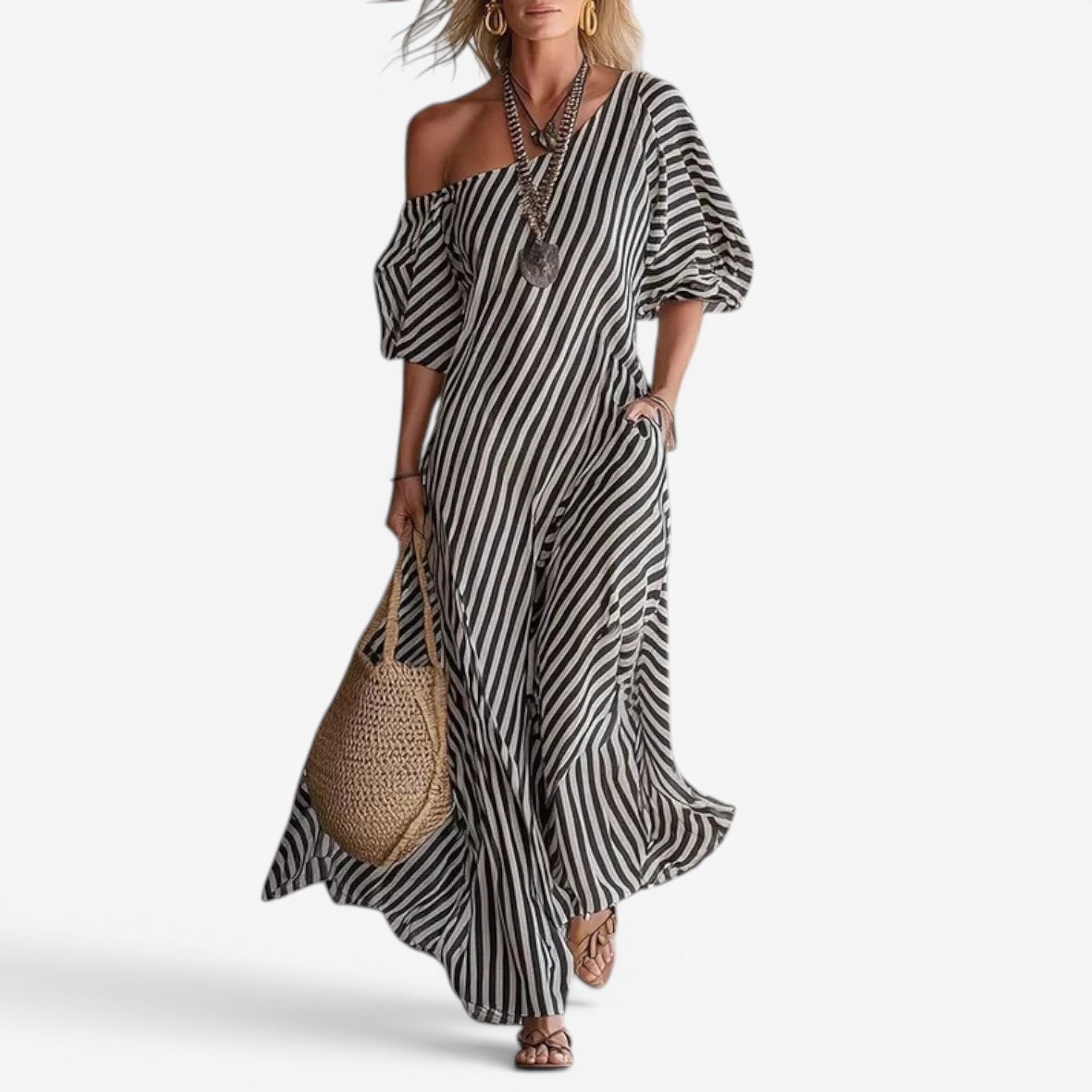 Inoni | Damen Off-Shoulder Gestreiftes Maxikleid