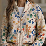 Imogene | Damen Strickjacke mit botanischem Blattmuster und Reißverschluss