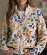 Imogene | Damen Strickjacke mit botanischem Blattmuster und Reißverschluss