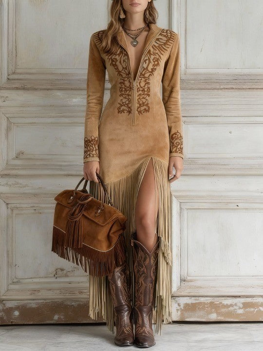 Ophelio Maxikleid im Western-Stil mit besticktem Kunstleder-Fransen und halbem Reißverschluss