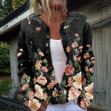 Karin | Zwarte Gebreide Jas met Bloemenpatroon