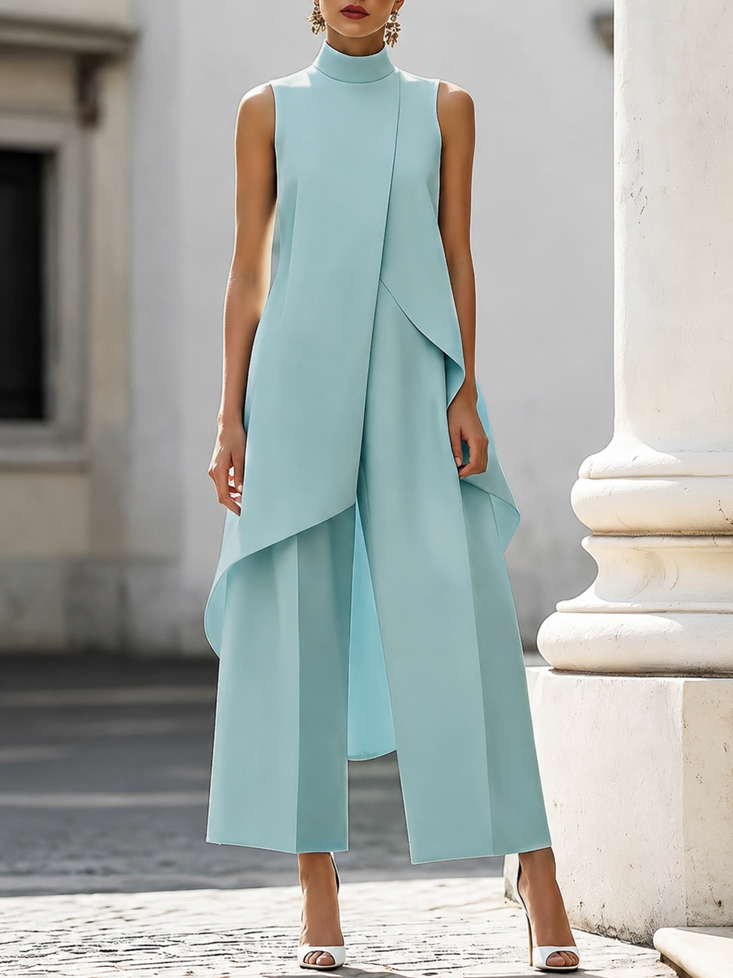 Martina | Damen Hochkragen-Top und Weitbein-Hosen Set