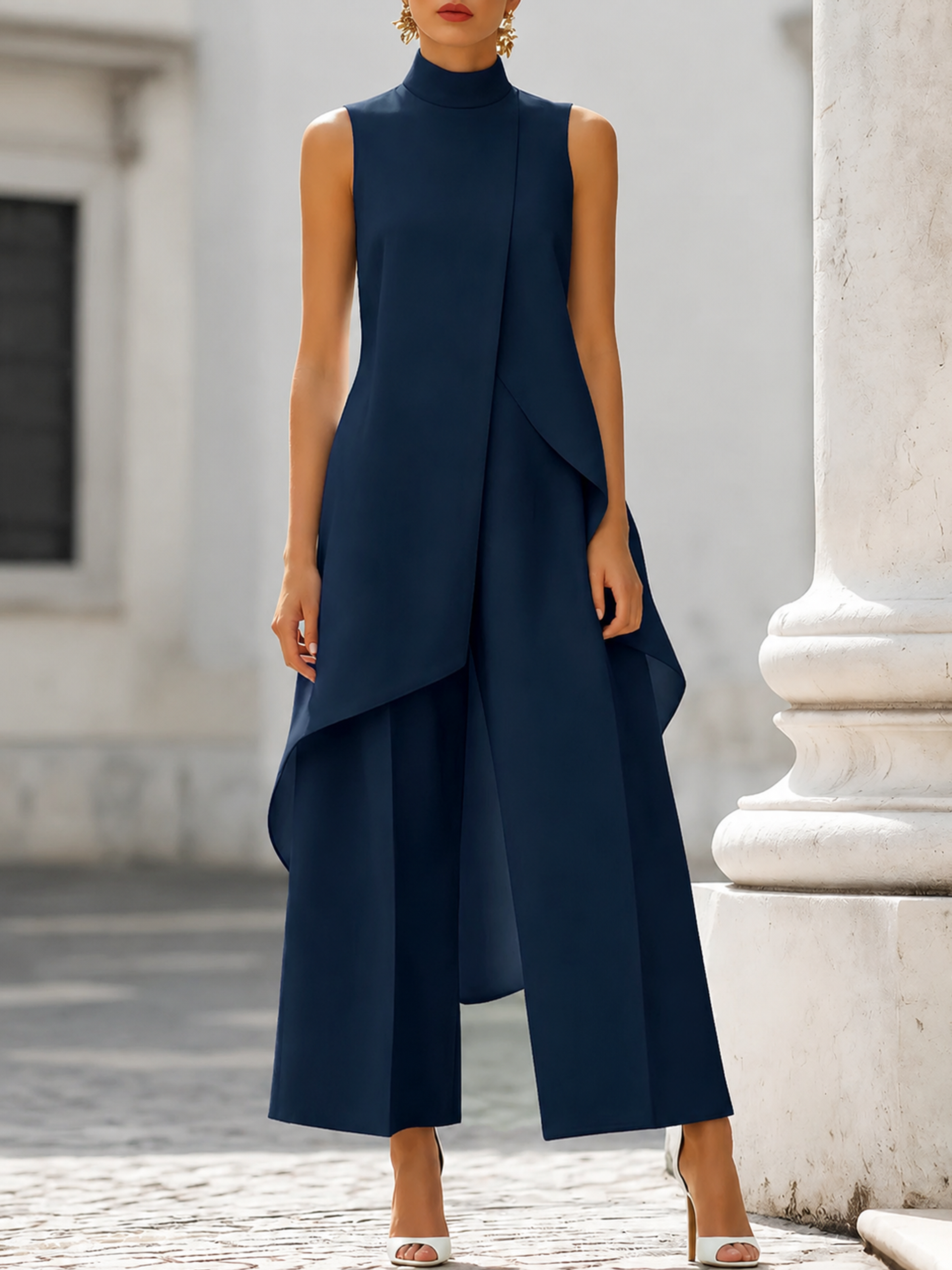 Martina | Damen Hochkragen-Top und Weitbein-Hosen Set