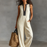 Minimalistischer, ärmelloser Damen-Jumpsuit mit Reißverschluss und Stehkragen, verziert mit Stickereien