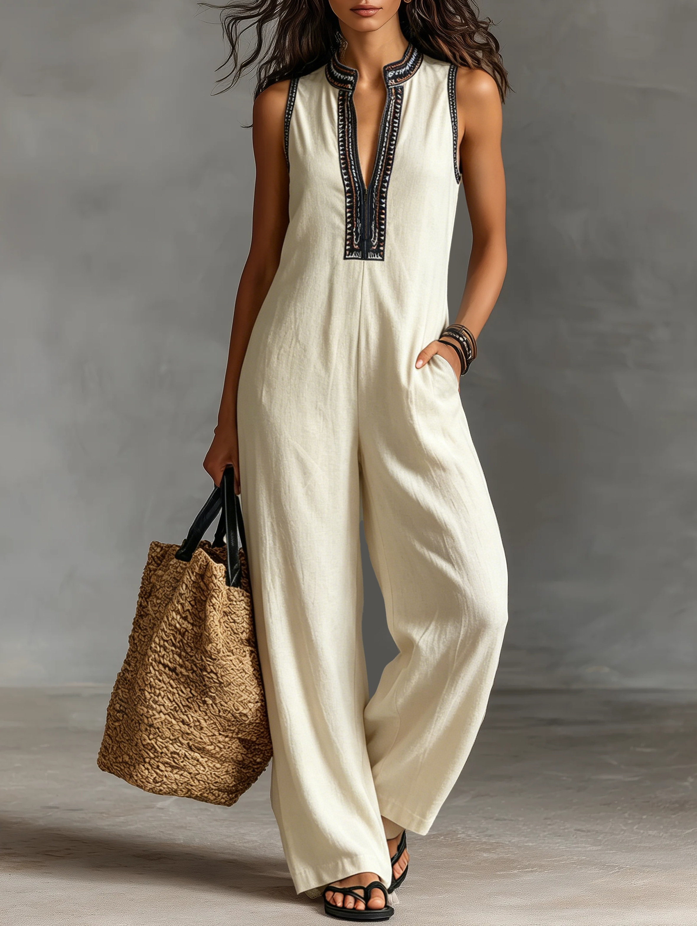 Minimalistischer, ärmelloser Damen-Jumpsuit mit Reißverschluss und Stehkragen, verziert mit Stickereien