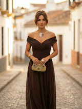 Leo | Damen Off-Shoulder Maxi-Kleid mit V-Ausschnitt