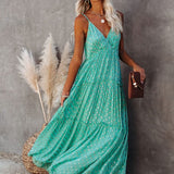 Evi™ Grüne Maxi Kleid Mit V-Ausschnitt Und Sommerlichem Ibiza-Muster