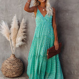 Evi™ Grüne Maxi Kleid Mit V-Ausschnitt Und Sommerlichem Ibiza-Muster