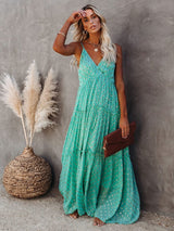 Evi™ Grüne Maxi Kleid Mit V-Ausschnitt Und Sommerlichem Ibiza-Muster