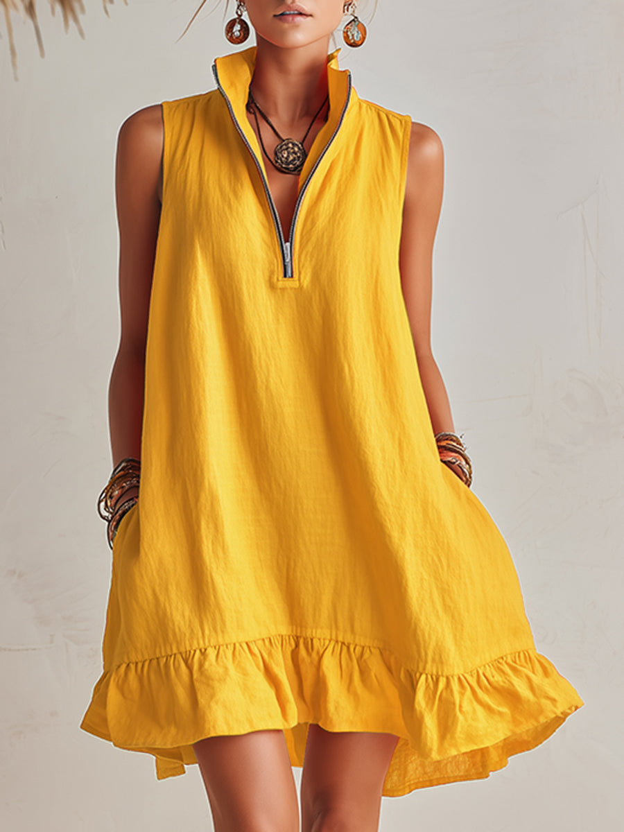 Helles Orange Leinen Halb-Reißverschluss Mini-Kleid mit Rüschensaum und Stehkragen