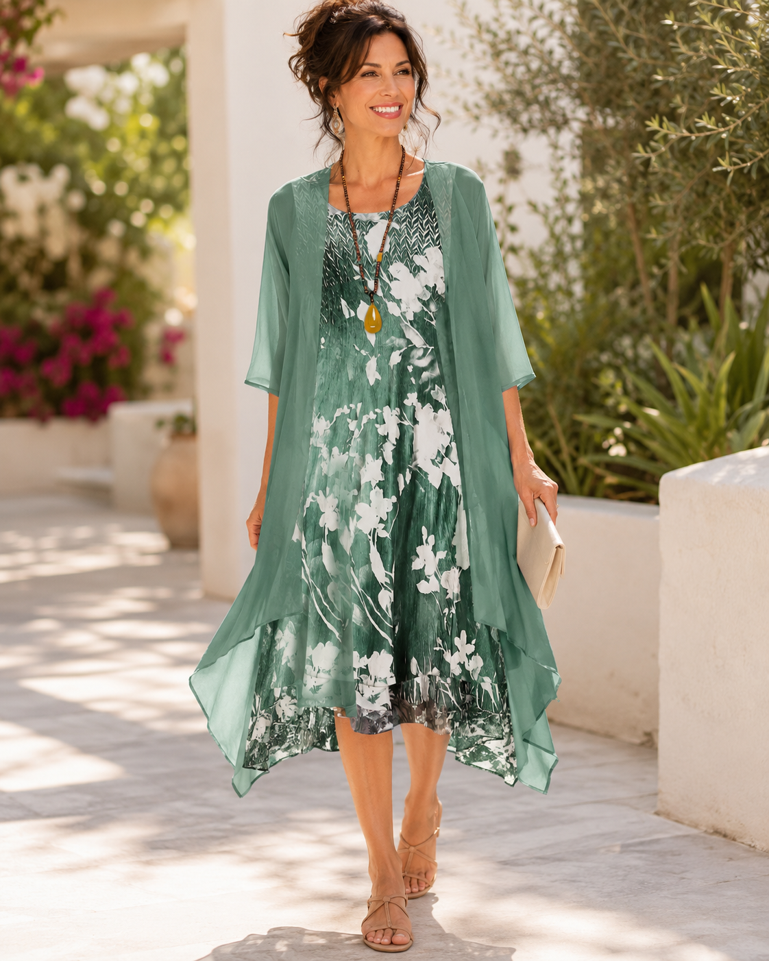 Olivia | Damen Blumen-Midi-Kleid mit quadratischem Ausschnitt