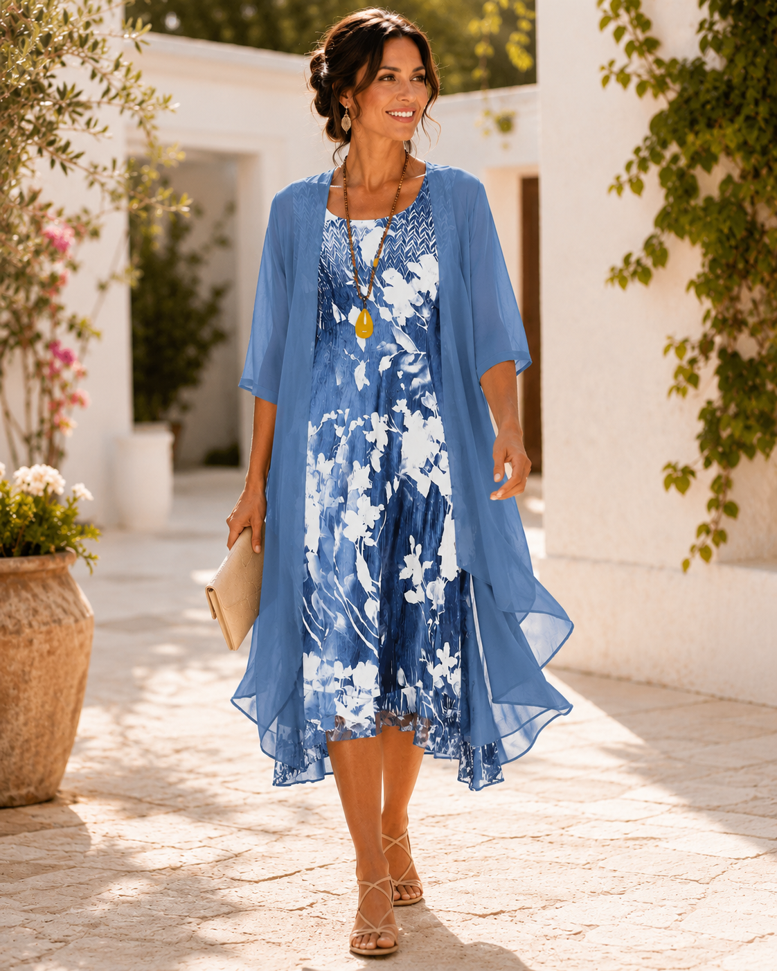 Olivia | Damen Blumen-Midi-Kleid mit quadratischem Ausschnitt