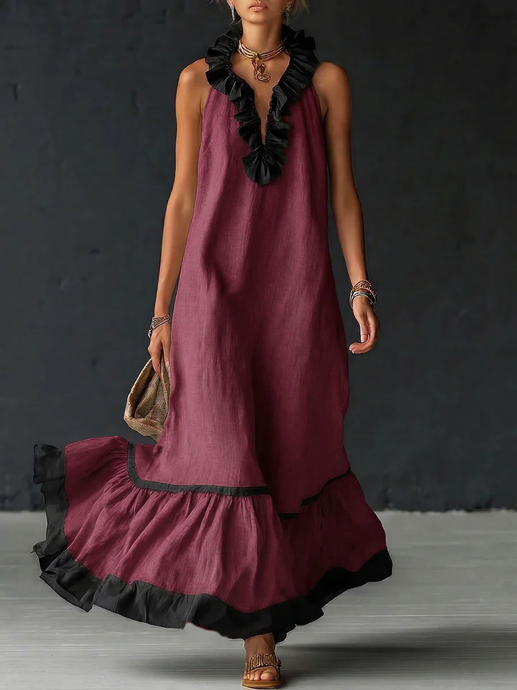 Damen Ärmelloses Maxikleid mit Taschen und Rüschensaum