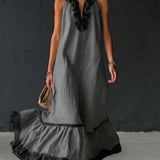 Damen Ärmelloses Maxikleid mit Taschen und Rüschensaum