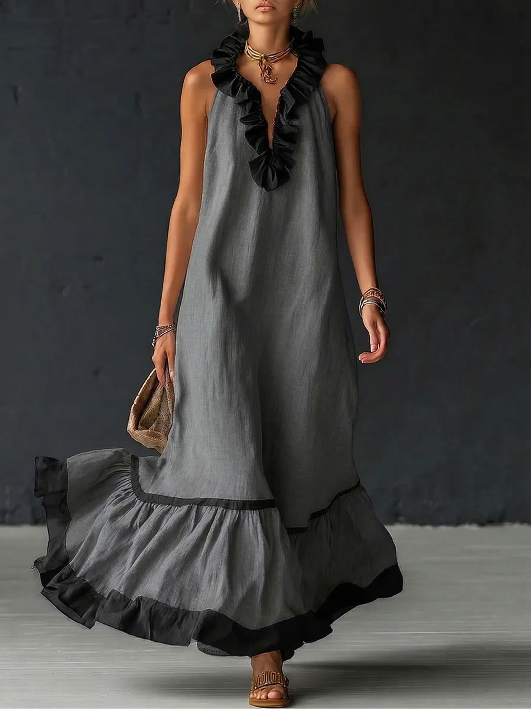 Damen Ärmelloses Maxikleid mit Taschen und Rüschensaum