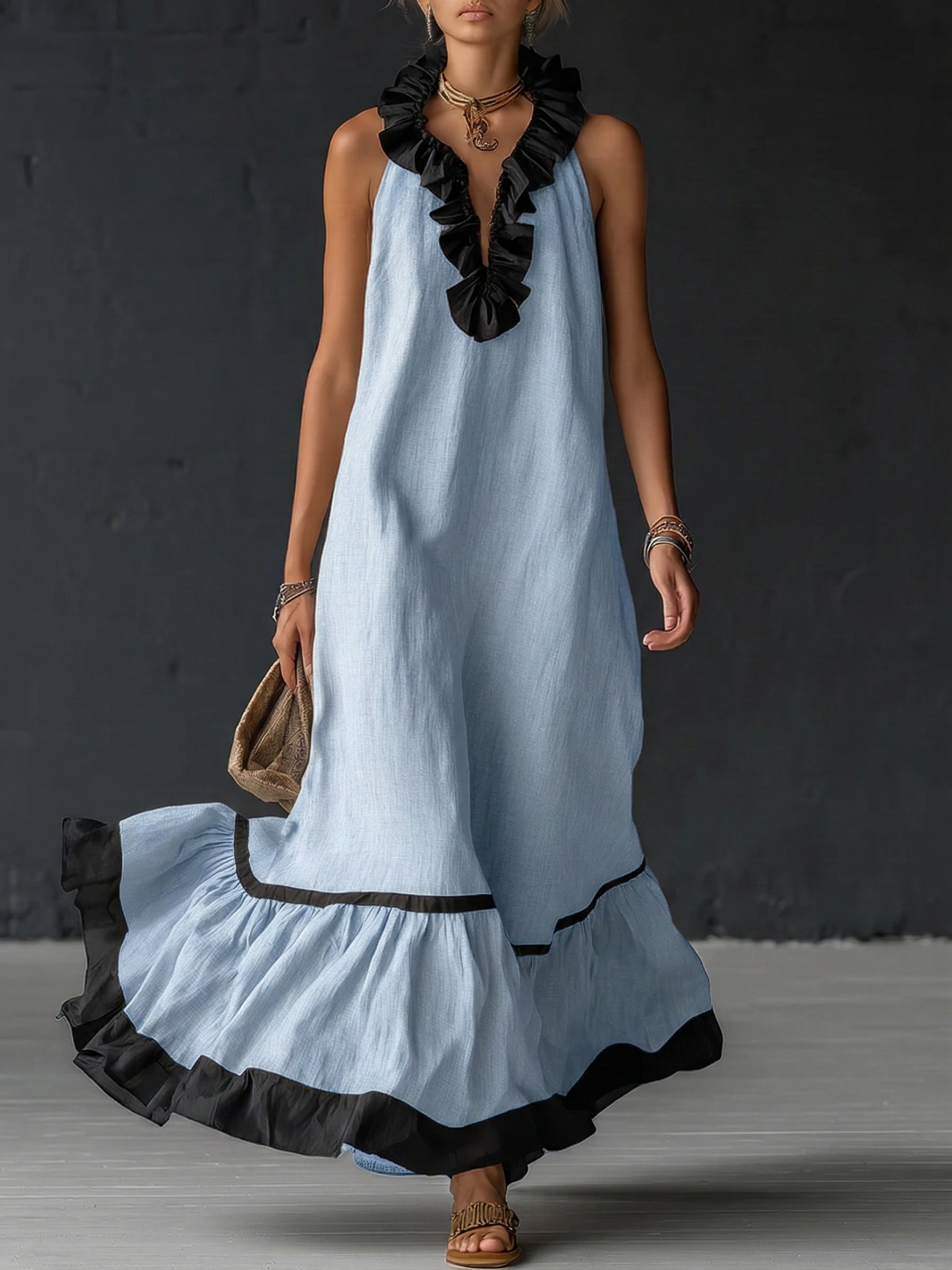 Damen Ärmelloses Maxikleid mit Taschen und Rüschensaum