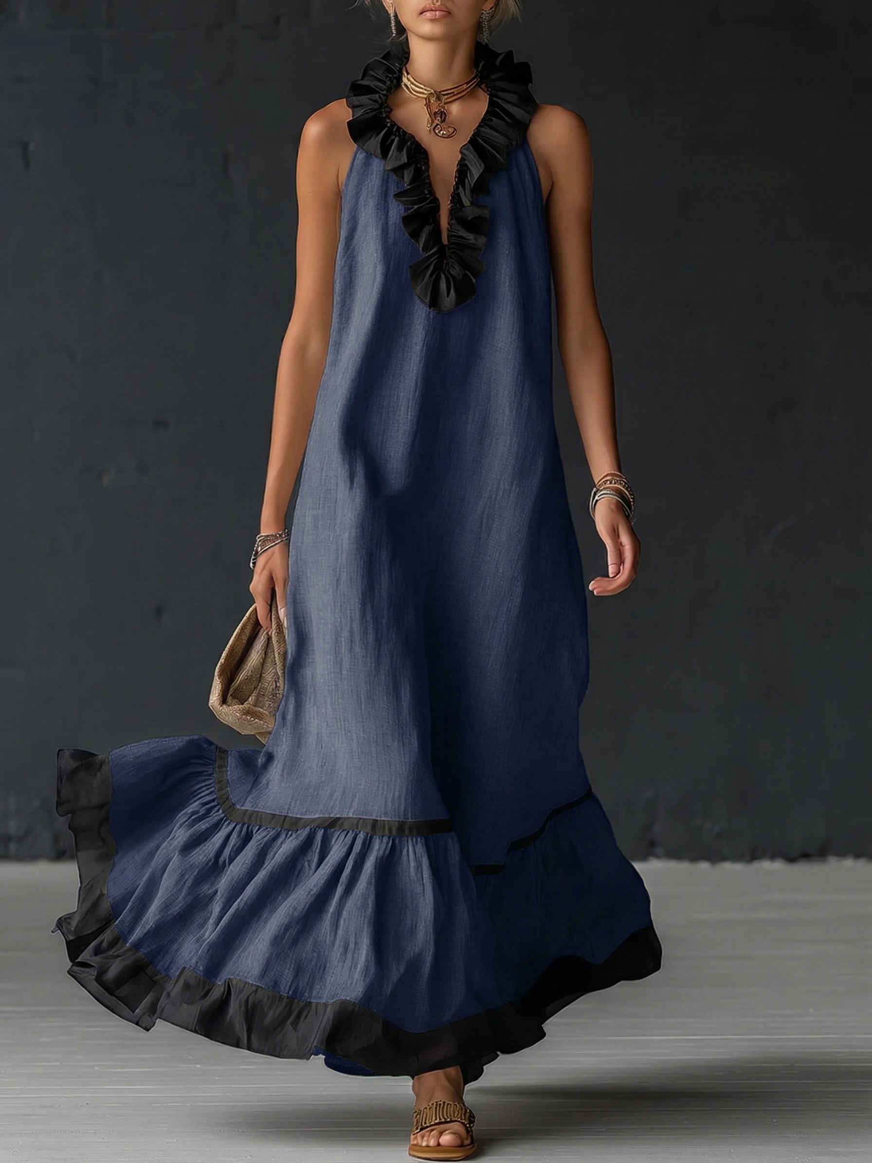 Damen Ärmelloses Maxikleid mit Taschen und Rüschensaum