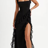 Laura | Damen Maxikleid mit Rüschen und seitlichem Schlitz