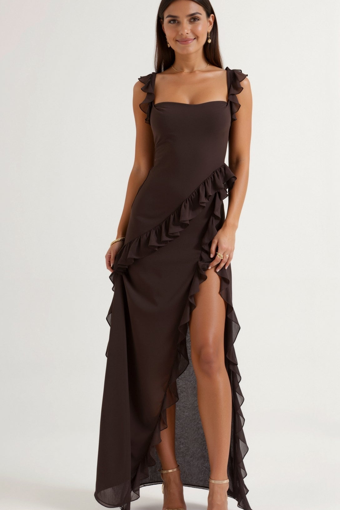 Laura | Damen Maxikleid mit Rüschen und seitlichem Schlitz