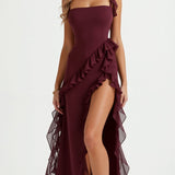 Laura | Damen Maxikleid mit Rüschen und seitlichem Schlitz