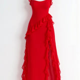 Laura | Damen Maxikleid mit Rüschen und seitlichem Schlitz