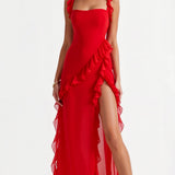 Laura | Damen Maxikleid mit Rüschen und seitlichem Schlitz