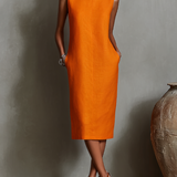 Orangefarbenes Etuikleid für Damen mit ärmellosem Rundhalsausschnitt und Seitentaschen, zeitlos minimalistisch-eleganter Stil