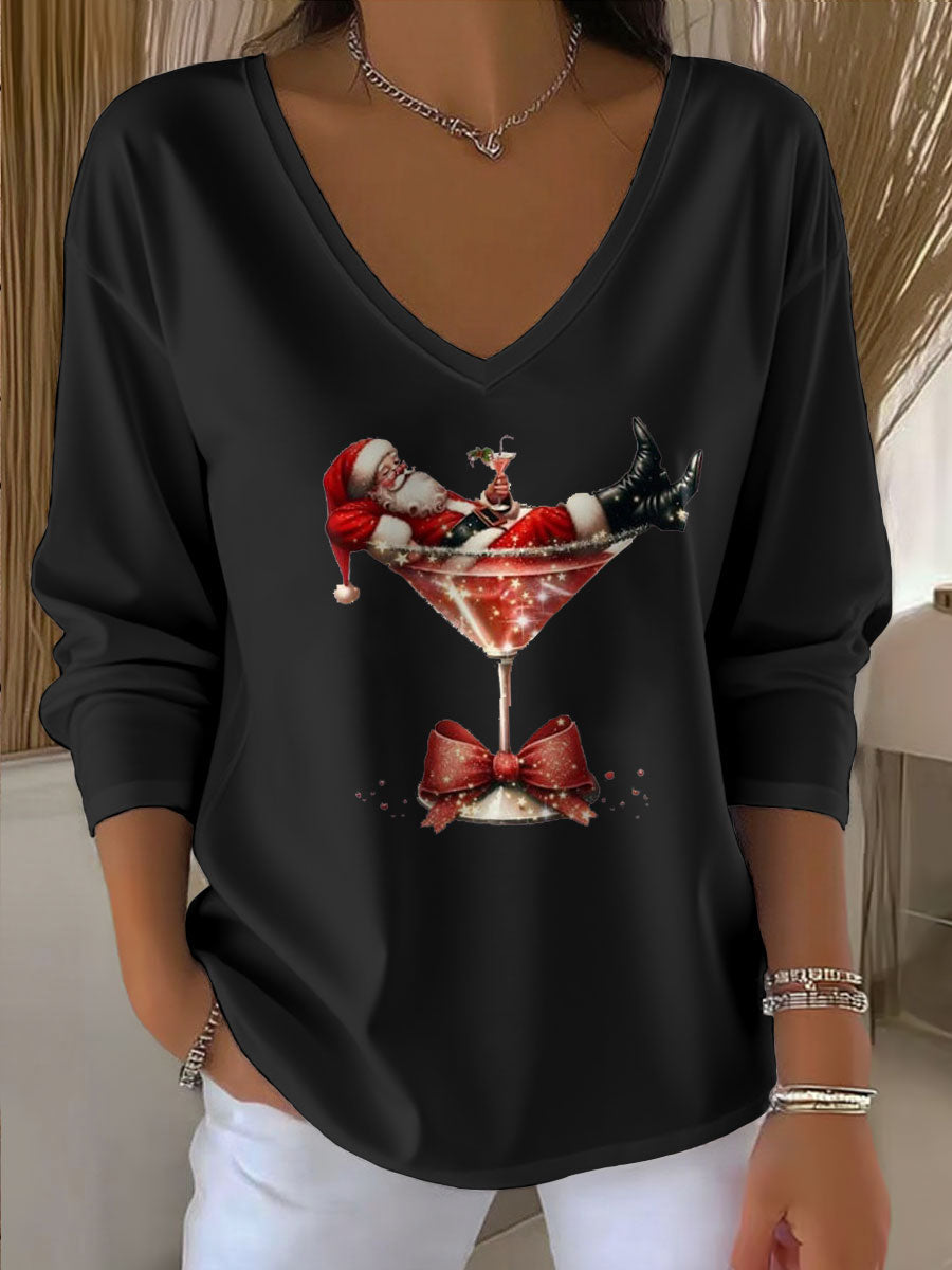 Damen Santa Claus Bedrucktes V-Ausschnitt T-Shirt