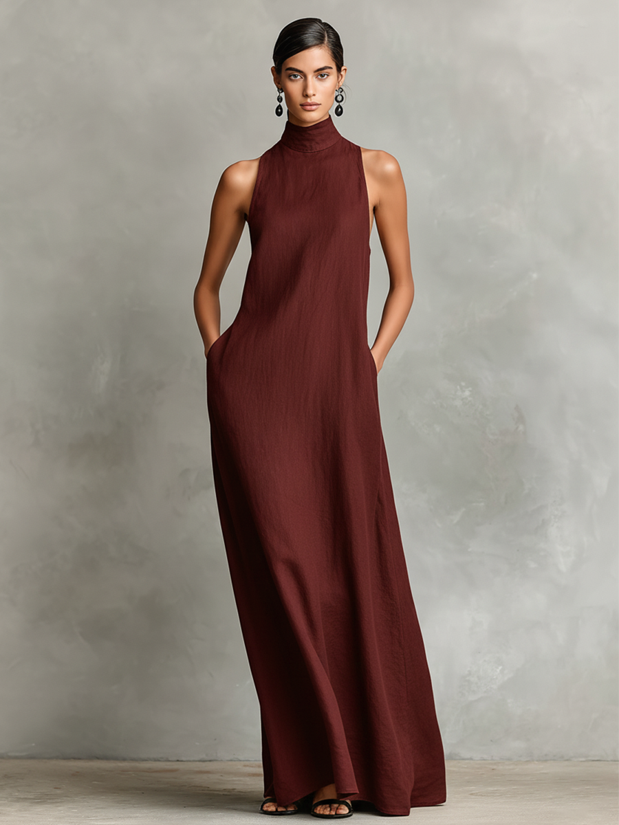 Schwarzes Damen-Maxikleid mit Stehkragen und Seitentaschen, zeitloses, minimalistisches Freizeitkleid