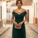 Leo | Damen Off-Shoulder Maxi-Kleid mit V-Ausschnitt