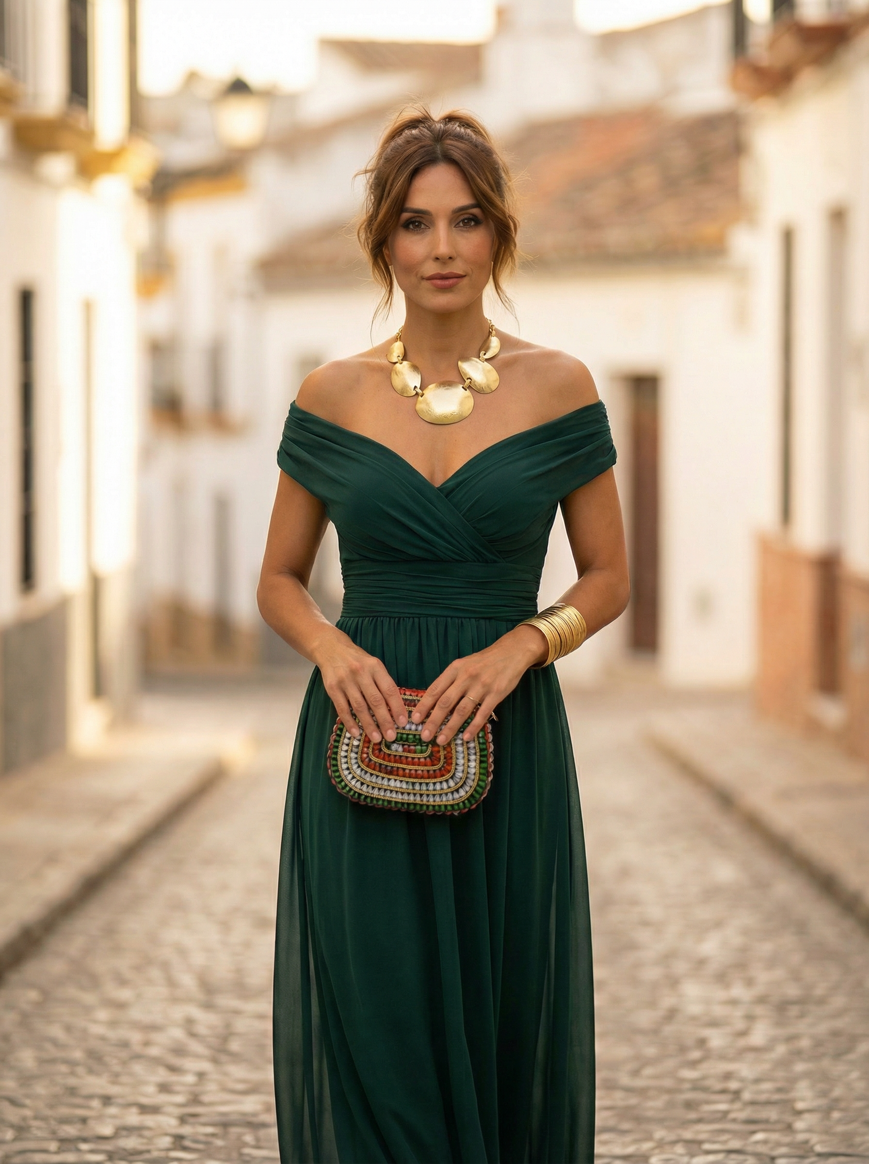 Leo | Damen Off-Shoulder Maxi-Kleid mit V-Ausschnitt