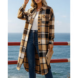 Damen Longline-Mantel mit Karomuster, Knöpfen und Taschen
