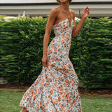 Elin™ Sommerliche Hochzeitsgäste Kleid Mit Orangen Blumen Und V-Ausschnitt