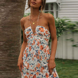 Elin™ Sommerliche Hochzeitsgäste Kleid Mit Orangen Blumen Und V-Ausschnitt