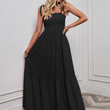 Saar™ Schwarzes Einfaches Maxi Kleid Mit Spaghetti-Trägern