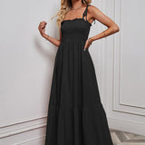 Saar™ Schwarzes Einfaches Maxi Kleid Mit Spaghetti-Trägern