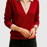 Camila | Damen V-Ausschnitt Polo-Kragen Pullover mit Knopfärmeln