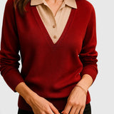 Camila | Damen V-Ausschnitt Polo-Kragen Pullover mit Knopfärmeln