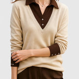Camila | Damen V-Ausschnitt Polo-Kragen Pullover mit Knopfärmeln