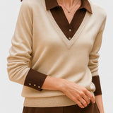 Camila | Damen V-Ausschnitt Polo-Kragen Pullover mit Knopfärmeln