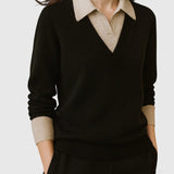 Camila | Damen V-Ausschnitt Polo-Kragen Pullover mit Knopfärmeln