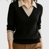Camila | Damen V-Ausschnitt Polo-Kragen Pullover mit Knopfärmeln