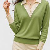 Camila | Damen V-Ausschnitt Polo-Kragen Pullover mit Knopfärmeln