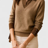 Camila | Damen V-Ausschnitt Polo-Kragen Pullover mit Knopfärmeln