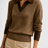 Camila | Damen V-Ausschnitt Polo-Kragen Pullover mit Knopfärmeln