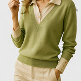 Camila | Damen V-Ausschnitt Polo-Kragen Pullover mit Knopfärmeln