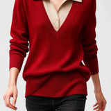 Camila | Damen V-Ausschnitt Polo-Kragen Pullover mit Knopfärmeln
