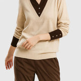 Camila | Damen V-Ausschnitt Polo-Kragen Pullover mit Knopfärmeln