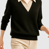 Camila | Damen V-Ausschnitt Polo-Kragen Pullover mit Knopfärmeln
